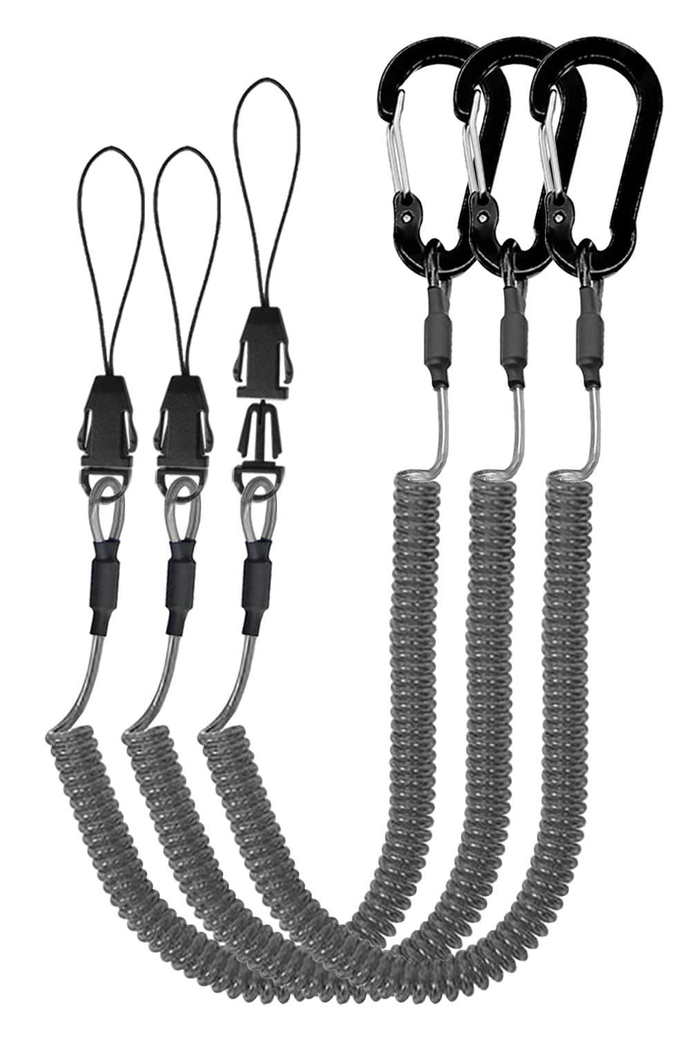 Coiled Lanyards with Carabiner, Ring and Quick Release Detachable Buckle for Fishing Equipment Keys, Cards, Tools