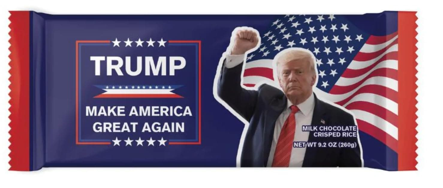 Donald Trump Milk Chocolate Crisped Rice Bar - Presidential Candidate Election Collection - Hand-Wrapped Sweet Treats Gift Pack - Trump Choco Crispies Bar & Merchandise - 9.2 oz