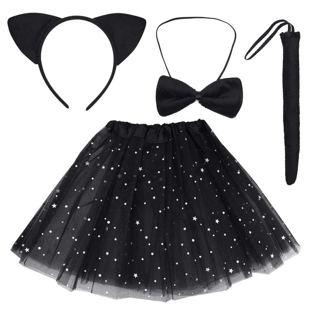 Black Cat Costume Set Cat Ears Headband Tail Bowtie Tutu-Halloween, Dress Up, Kids Cosplay Accessory Kit