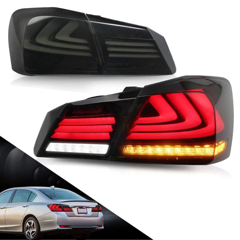 MICROPOWER LED Tail Lights for Honda Accord 4 Door 8th Gen Sedan 2013 2014 2015 with Amber Sequential Turn Signal, Full LED DRL, Smoke