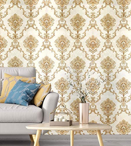 Classic Design Decor Wallpaper with Gold Spiral Weaving Base and Royal Damask Pattern