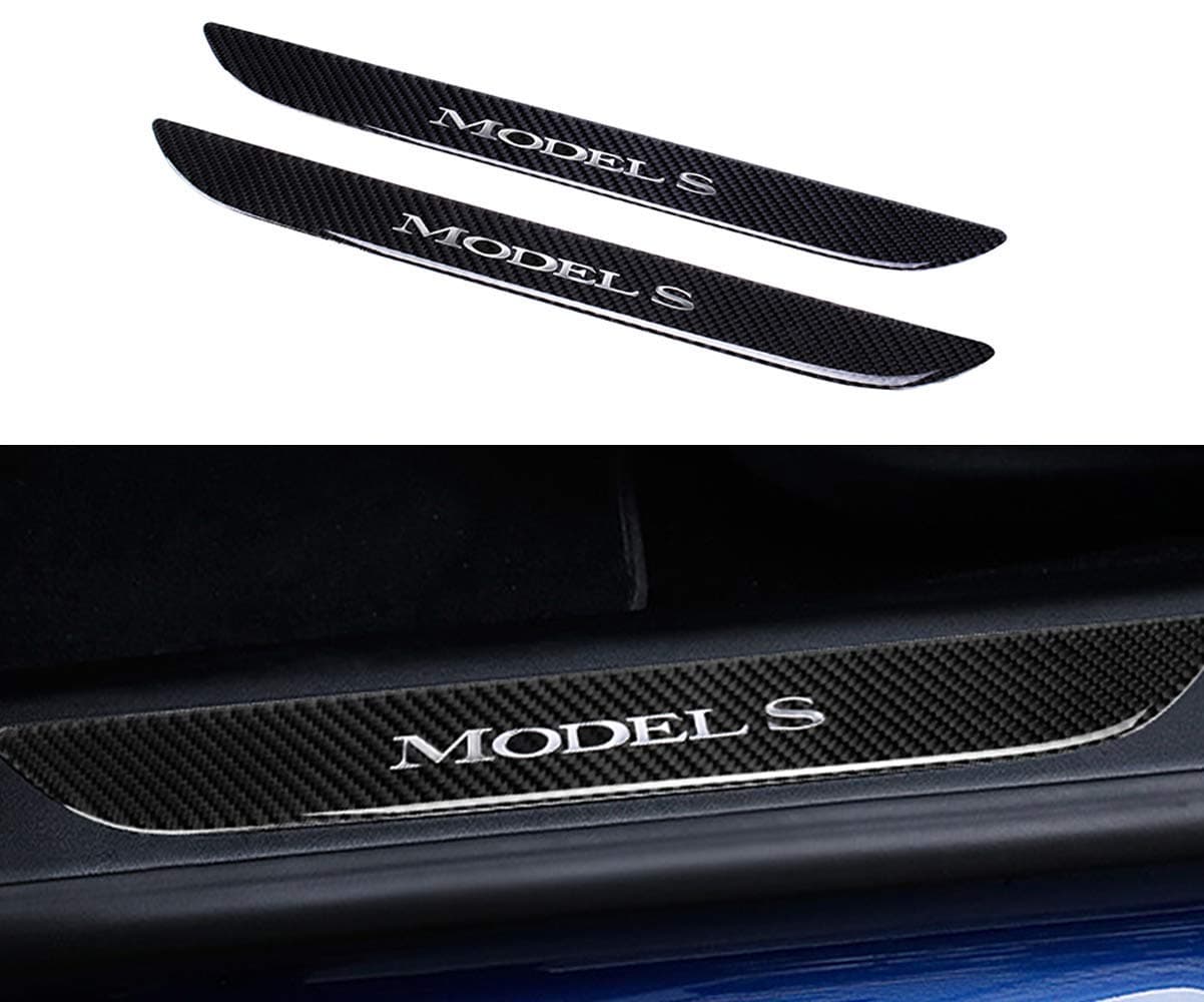 TopDall Car Door Sill Protection Cover Anti-Scratch Real Carbon Fiber Stickers with Polyurethane Compatible for Tesla Model S