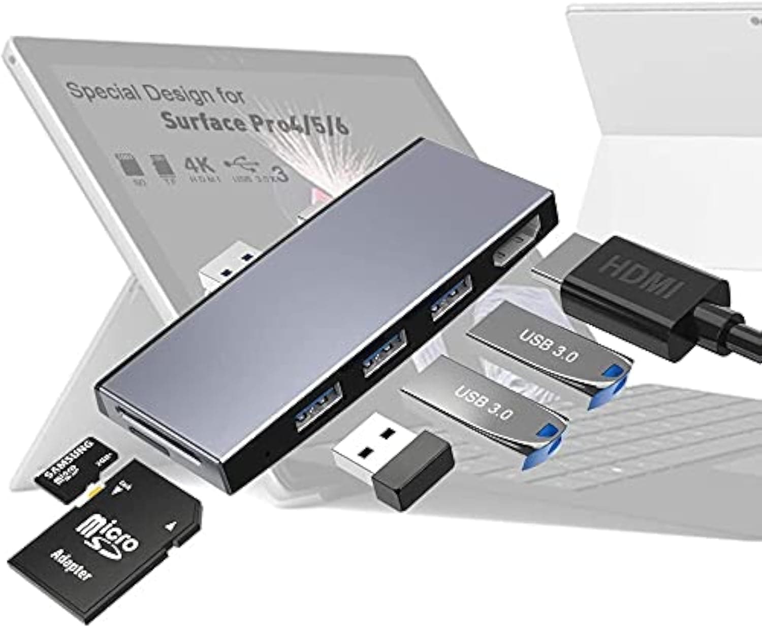 Surface Pro Docking Station for Surface Pro 6 Pro 5 Pro 4 with HDMI Adapter 4K,3 USB 3.0 Ports(5Gps),Build-in SD/TF(Micro SD) Card Reader Slot 6 in 1 Adapter for Surface Pro 6/5/4