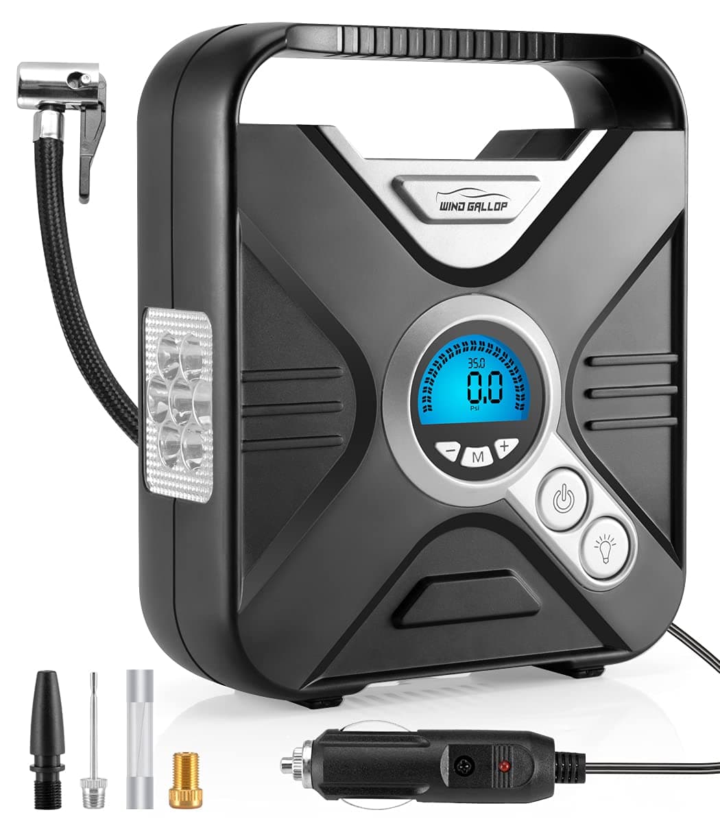 Car Tyre Inflator Air Compressor Tyre Pump 12V Electric Car Air Pump for Car Tyres Bike Tyres with Digital Tyre Pressure Gauge and Inflator Valve Adaptors LED Light