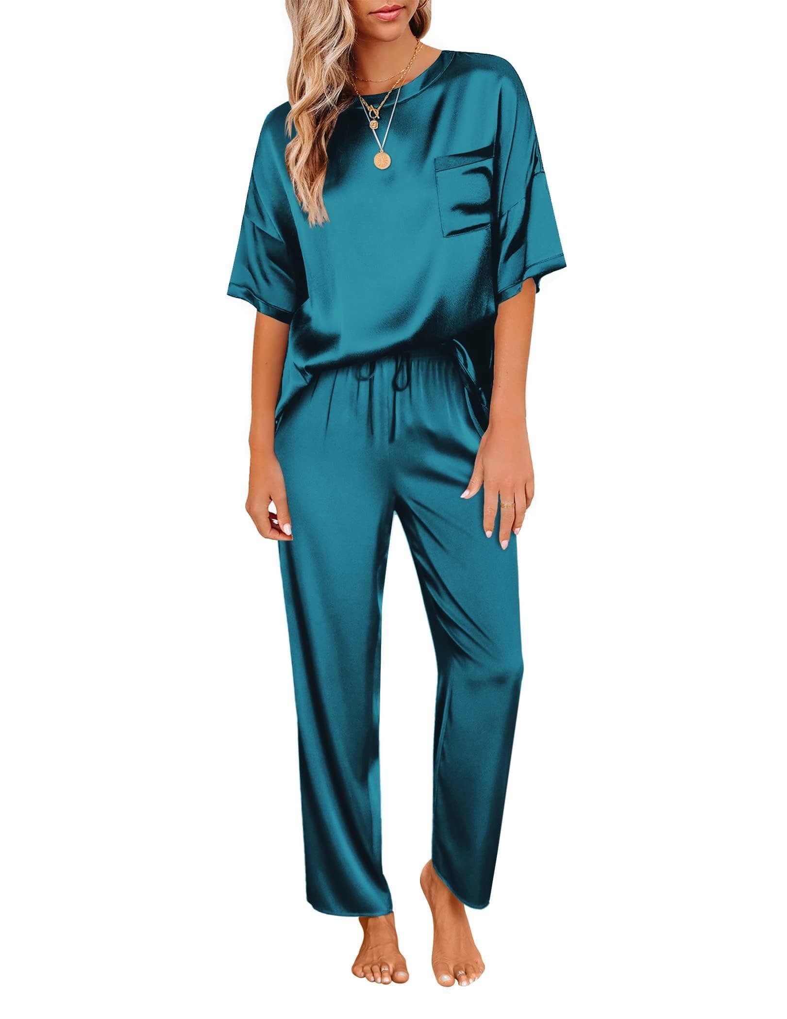Womens Satin Silky Pajama Set Short Sleeve Shirt with Long Pajama Pant Set Soft PJ Loungewear