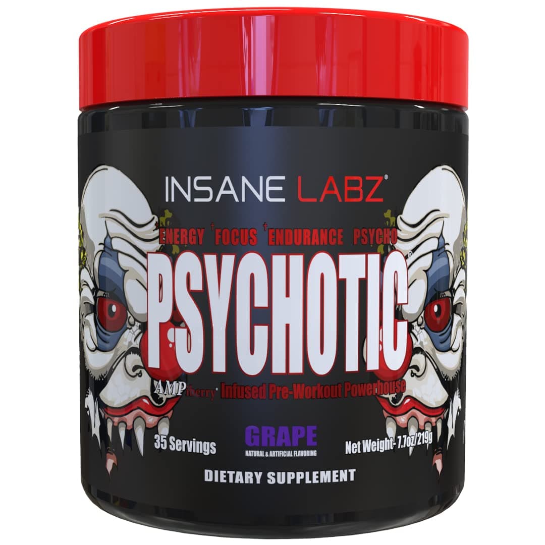 Insane Labz Psychotic, High Stimulant Pre Workout Powder, Extreme Lasting Energy, Focus and Endurance with Beta Alanine, Creatine Monohydrate DMAE, 35 Srvgs (Grape)