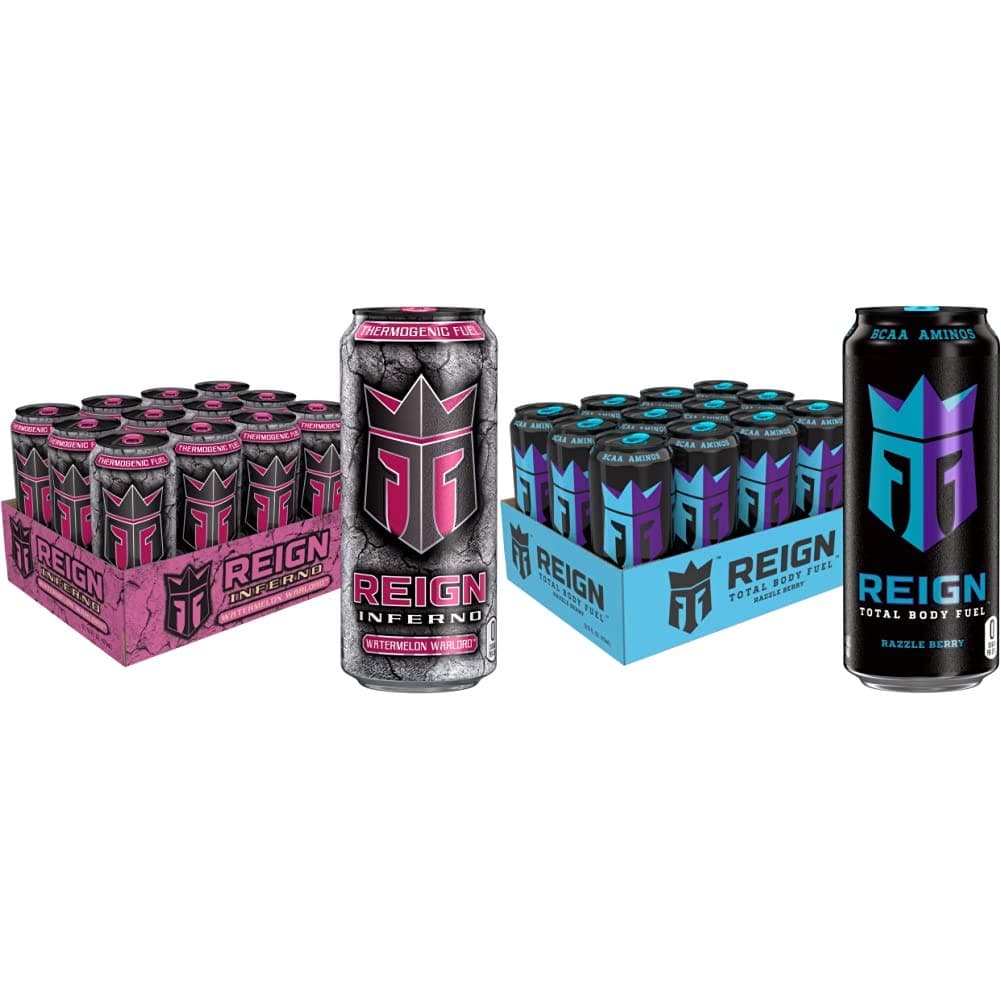 REIGN Inferno Watermelon Warlord, Thermogenic Fuel, Fitness and Performance Drink, 16 Fl Oz (Pack of 12) | Reign Total Body Fuel, Razzle Berry, Fitness & Performance Drink, 16 Ounce (Pack of 12)
