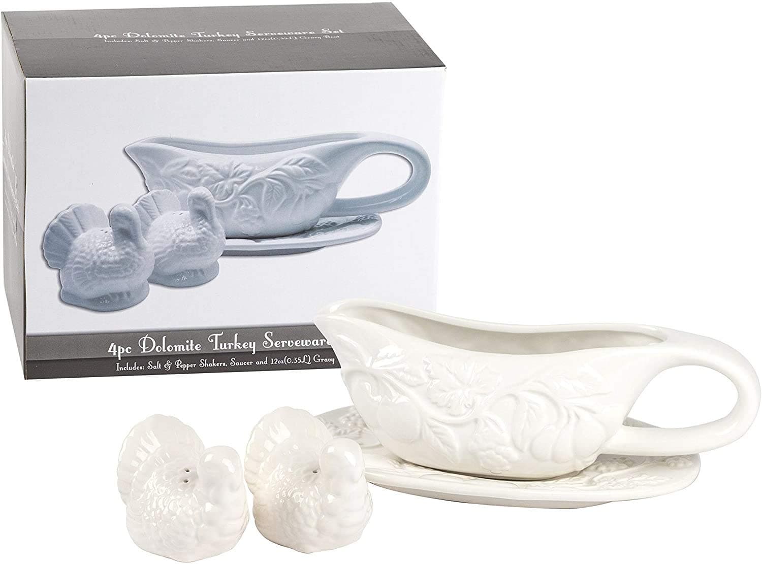 Holiday Designs Thanksgiving Gravy Boat and Saucer with Turkey Shaped Salt and Pepper Shakers, White