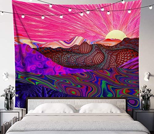 LUCID EYE Trippy Trek Tapestry, Psychedelic Mountain Sunrise, Girls Room Pink Wall Art Decor, Wall Hanging for Bedroom Living Room Dorm, 58x51 inches