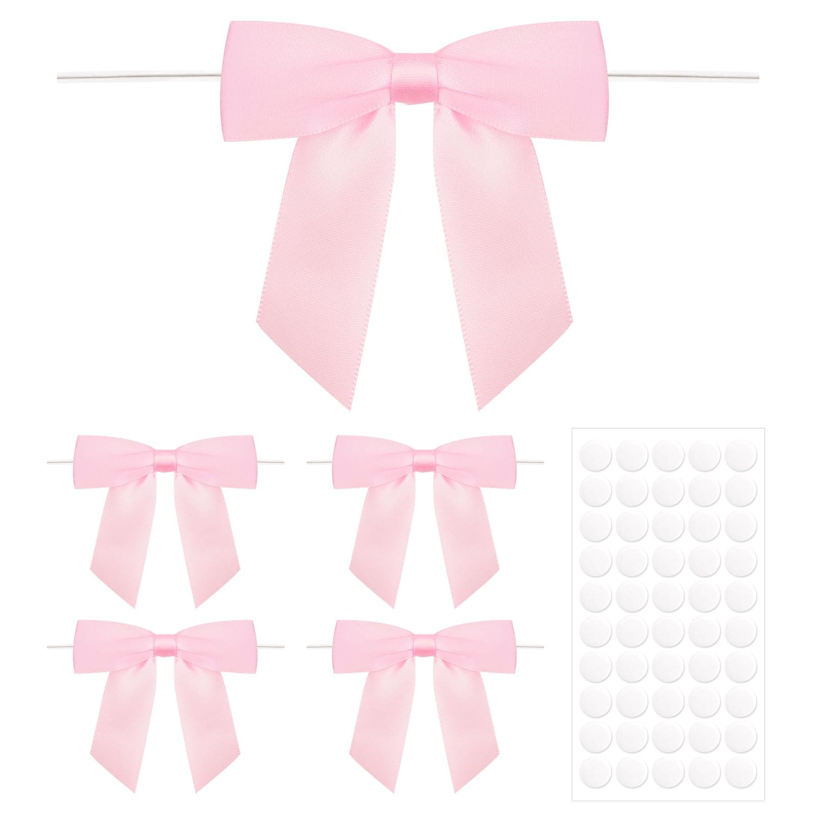 Anwyll 50Pcs Twist Tie Bows,Pink Satin Ribbon Bows,3.5'' Wedding Favor Ribbon Bows,Pre-Tied Pink Gift Bows for Gift Wrapping Treat Bag Present Craft Birthday Party Bridal Shower Halloween Thanksgiving