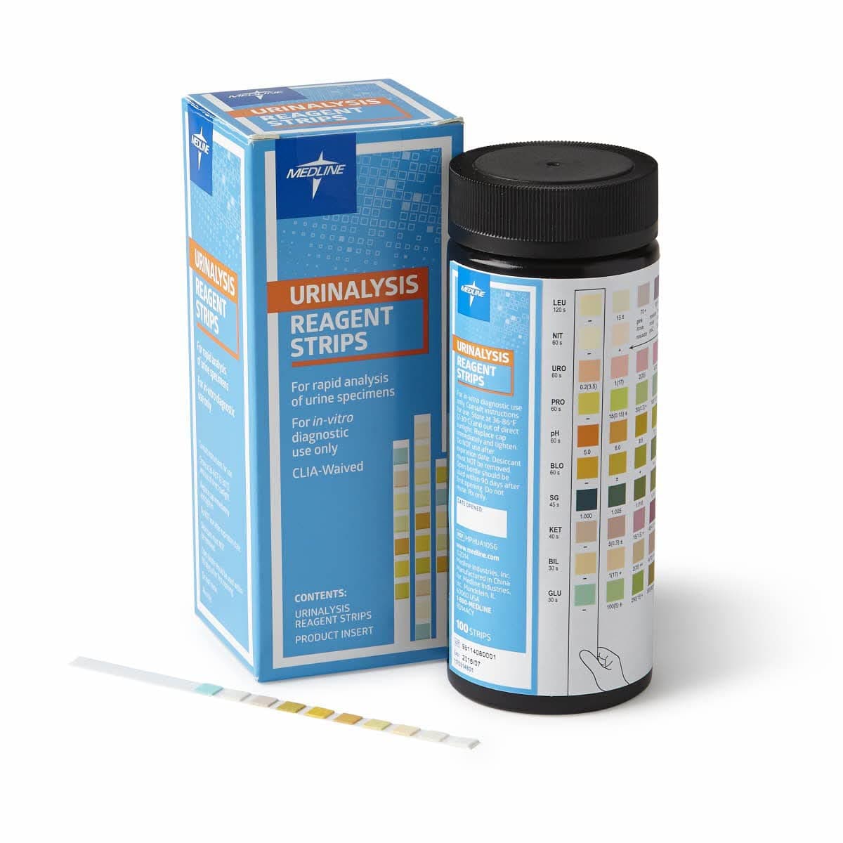 Medline Urinalysis Reagent Strips, 10-Parameter, Compatible with Visual/Analyzer Readings, Bottle of 100 Strips