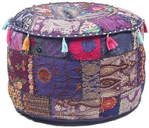 GANESHAM Elite Class Round Floor Pillow Cushion Bohemian Patchwork Pouf Ottoman Vintage Indian Foot Stool Bean Bag Floor Pillow Cover Home Decor, Living Room Ottoman, Bohemain Pillows 17 Inch
