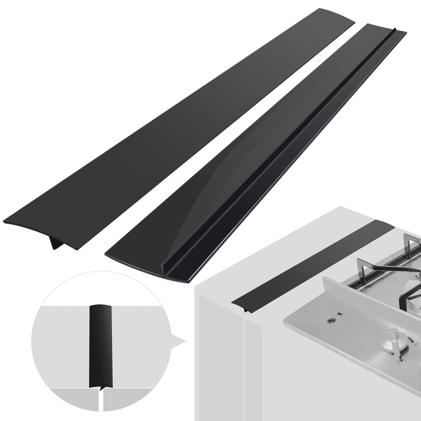Silicone Stove Counter Gap Cover (2 Pack),Easy Clean Heat Resistant Wide & Long Kitchen Stove Gap Filler,Seals Spills Between Counters, Oven, Stovetops, Washing Machines, Washer, Dryer(21in, Black)