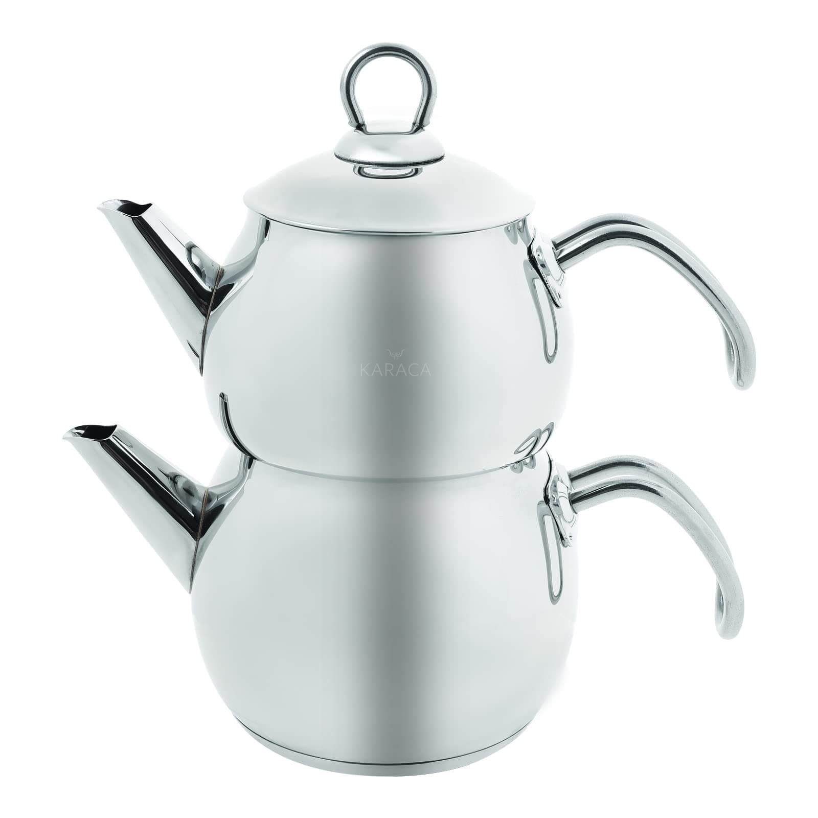 Karaca Belinay Teapot Set, Medium,18/10 Stainless Steel, Turkish Tea Set, Tea Maker, Teapot & Lid (1L 2.2Lb) Tea Kettle (1.6L 3.5Lb), Tea Sieve, Turkish Tea Maker, Double Teapots, Durable, Silver