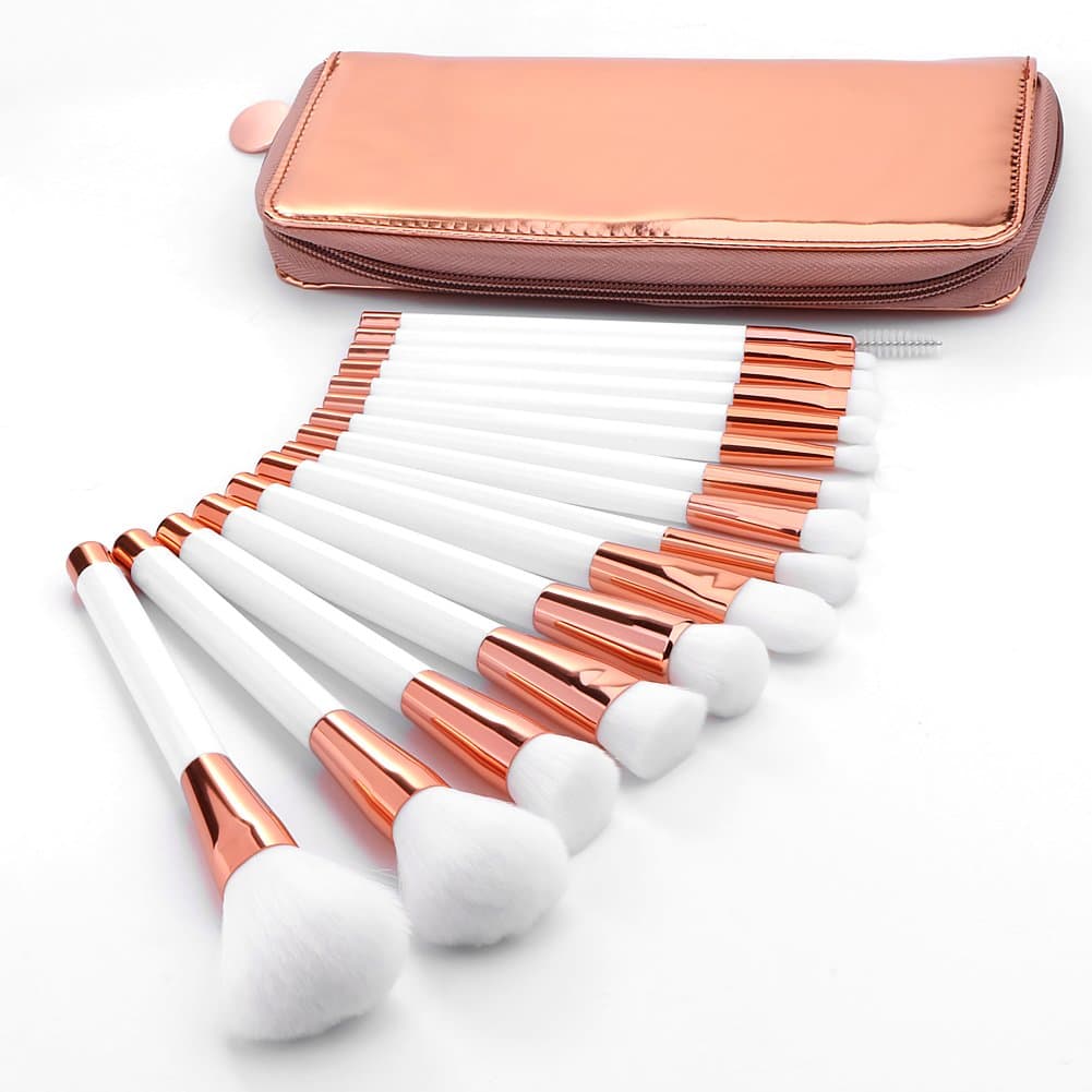 Summifit 15 Pcs Makeup Brushes with Zipper Bag Powder Foundation Contour Blending Eyeshadow Concealer Bronzer Lip Toiletry Kit (White Rose Gold)