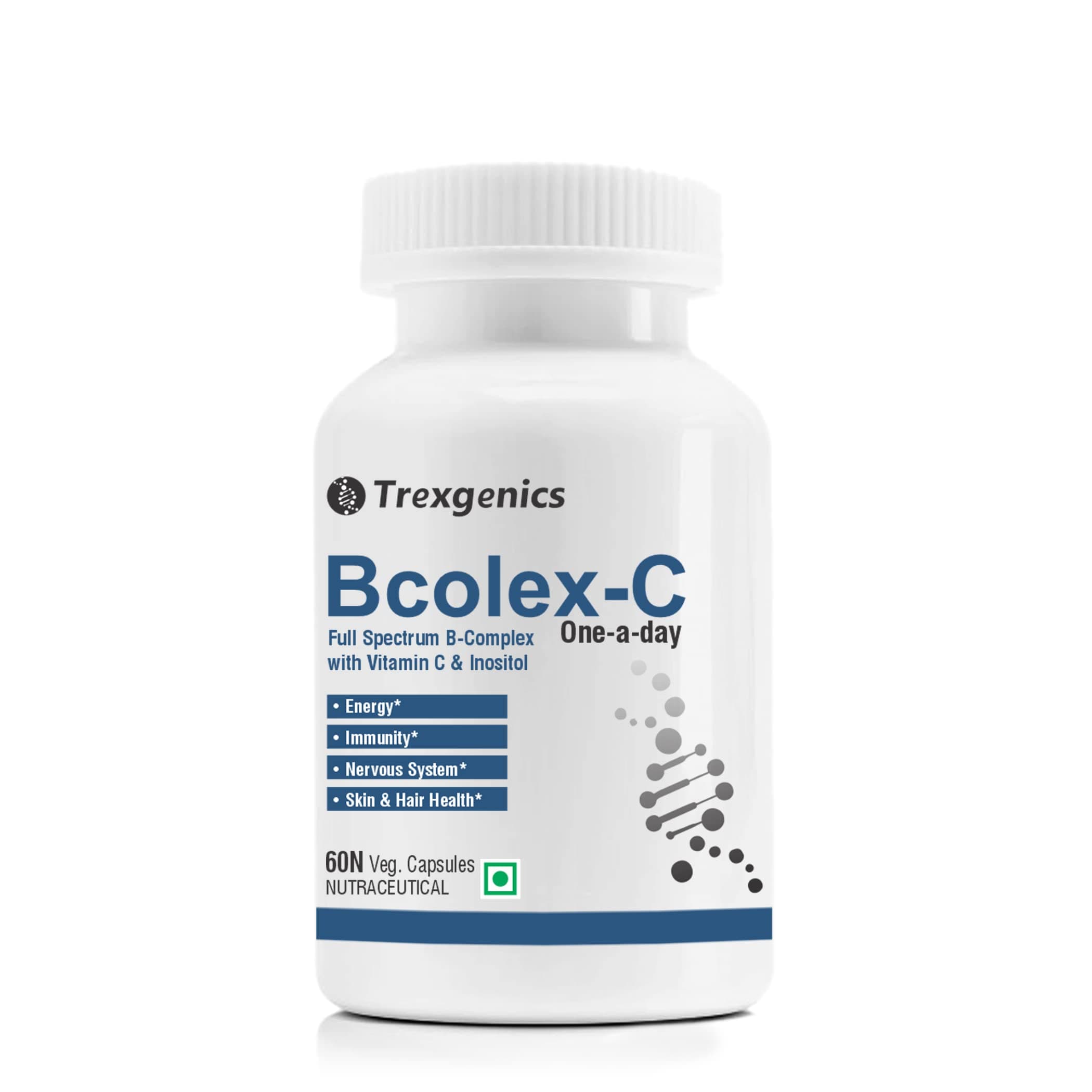 Trexgenics Bcolex-C One-A-Day Complete B-Complex With B12-Vit.C-Inositol 100Mg, Energy, Immunity & Nervous System (60 Veg. Caps)