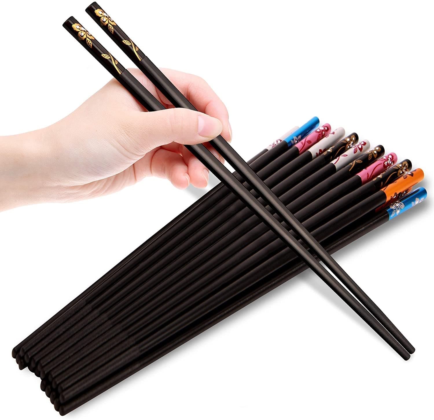 Iktu 5 Pairs Reusable Chopsticks Set - Fiberglass Japanese Chopsticks, Lightweight Easy to Use Chop Sticks with Case for Sushi, Noodles and Other Asian Food (Black Flower)
