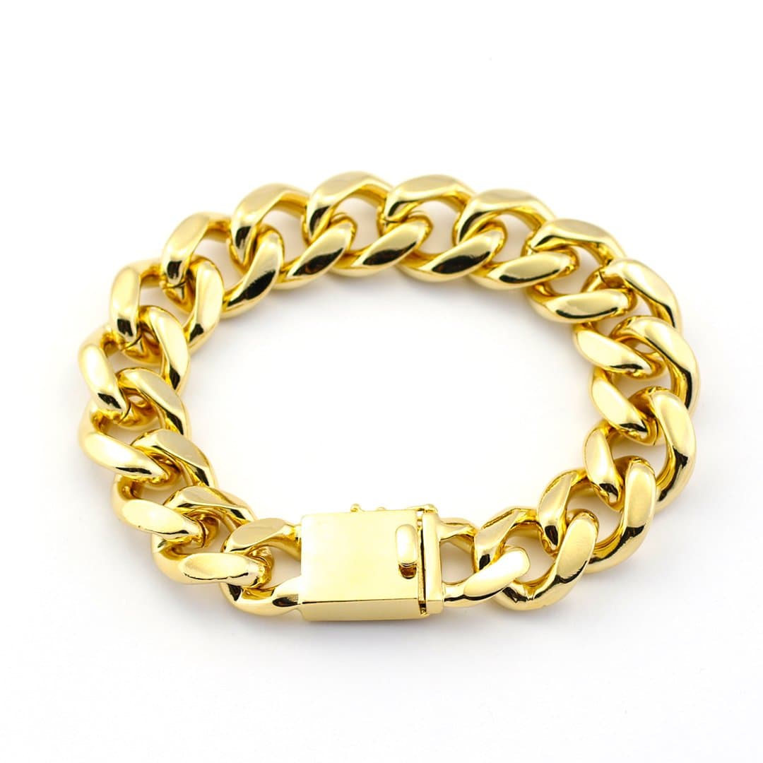 Men's 14K Gold Plated 15 mm THICK Cuban Bracelet with a Secure Box Clasp and a 14K Stamp