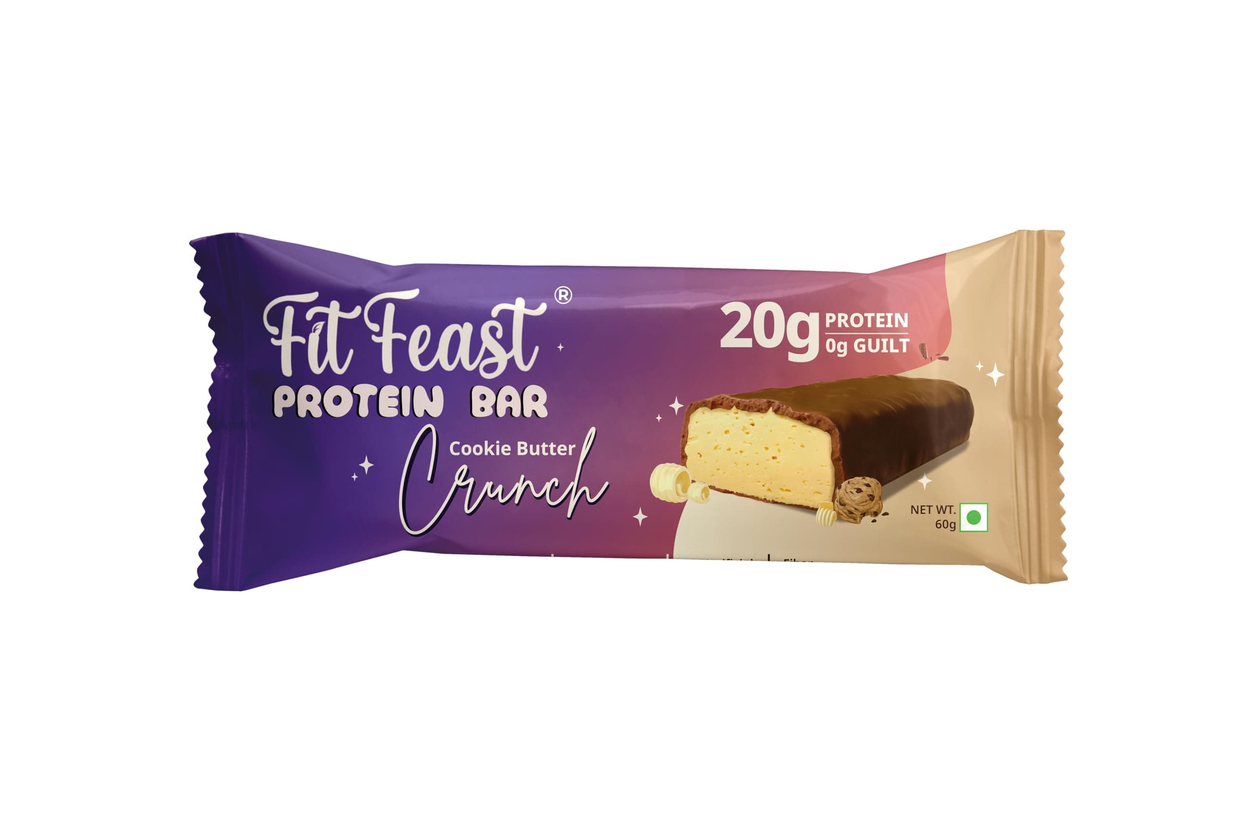 FitFeast Cookie Butter Crunch Flavour Protein Bars | 20gm Protein | Boosts Energy | No Artificial Preservatives or Flavours | All Natural (Box of 6)
