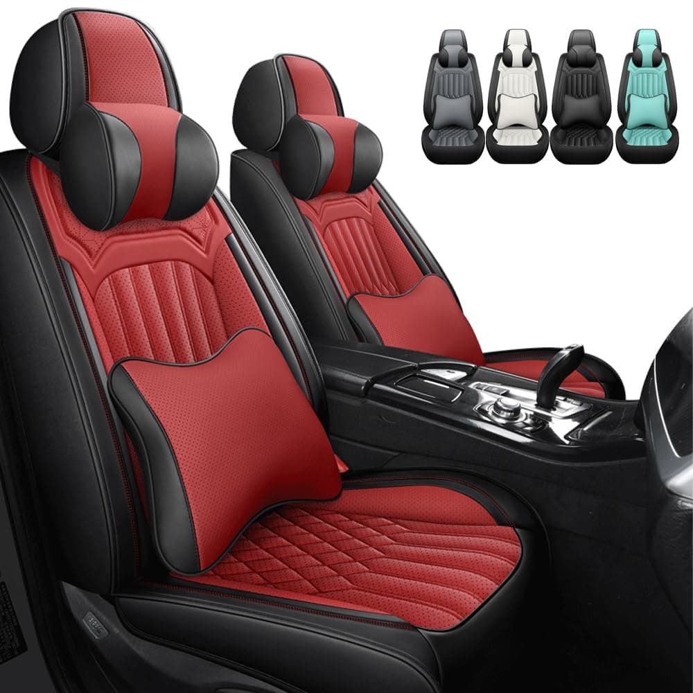 Leather Seat Cover for Jaguar E-PACE 2019-2024, Waterproof Soft Seat Covers with Airbag Compatible, Automotive Interior Accessories Seat Cushions(Black&Red, 2PCS Front with Pillow)