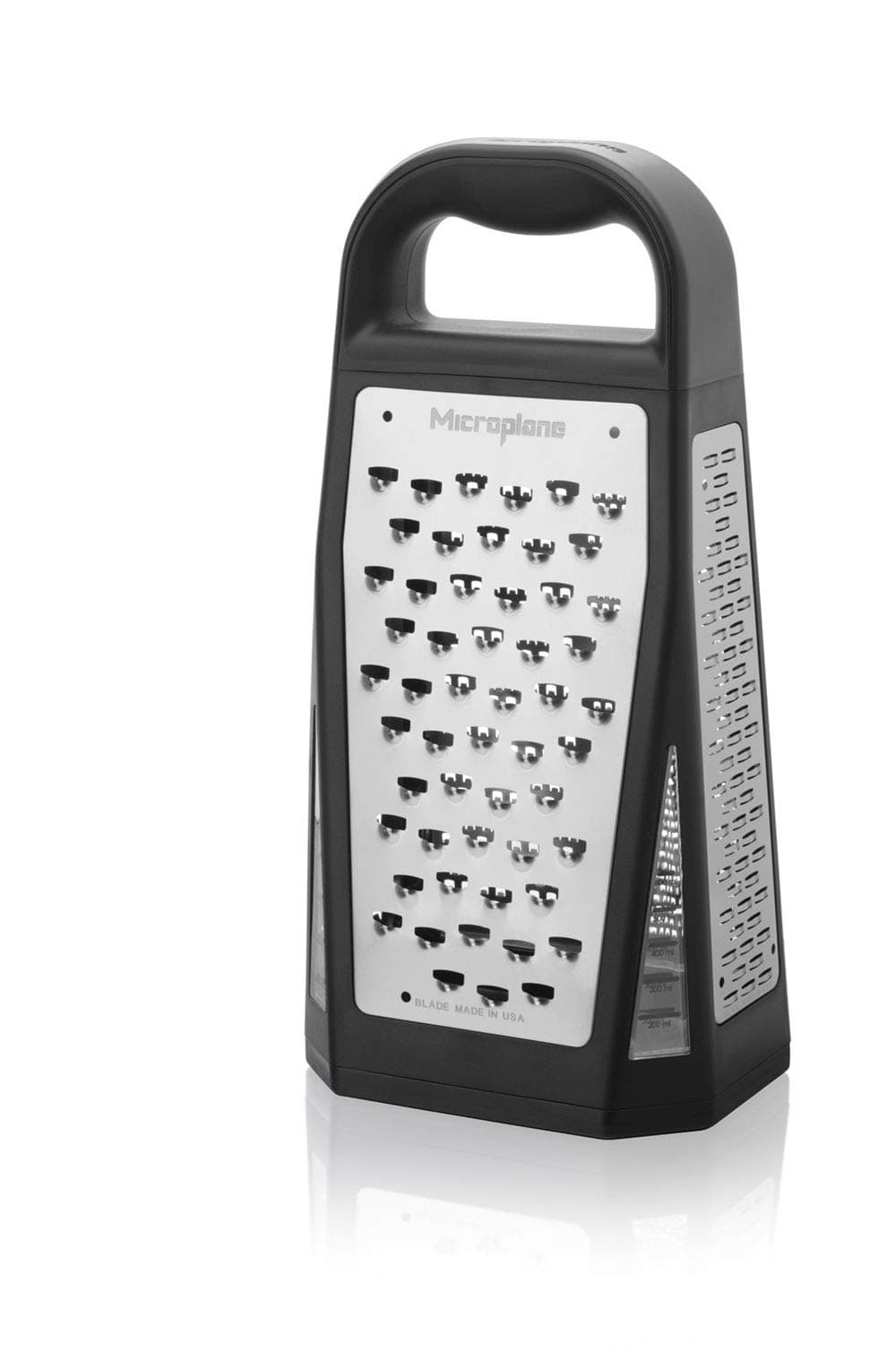 Elite Five Blade Box Grater with Measuring Cup Base, Five Grating Surfaces Including Fine, Coarse, Double-Sided Ribbon, Ultra-Coarse, and Slicer - Black