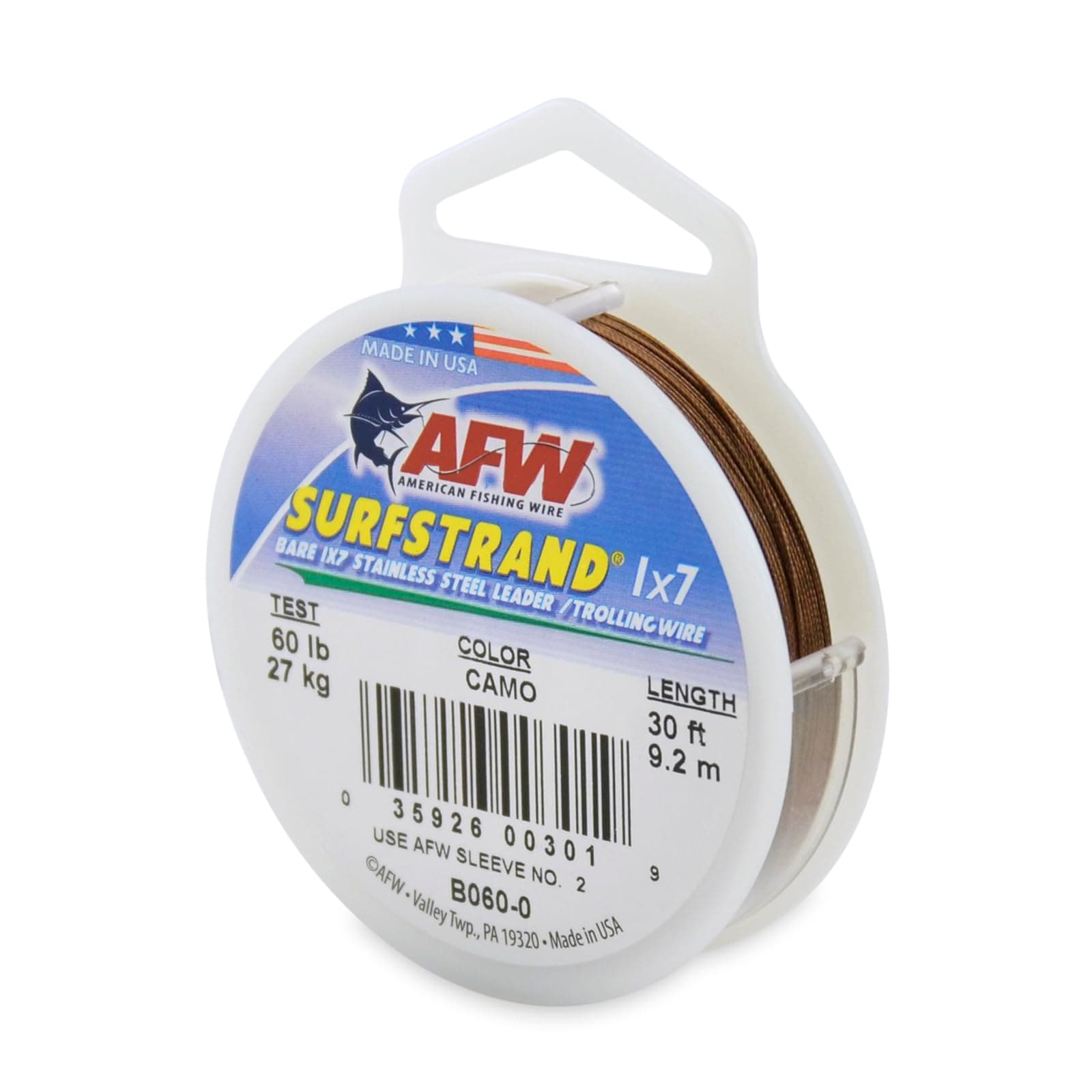 American Fishing Wire Surfstrand Bare 1x7 Stainless Steel Leader Wire, Camo Brown Color, 60 Pound Test, 30-Feet