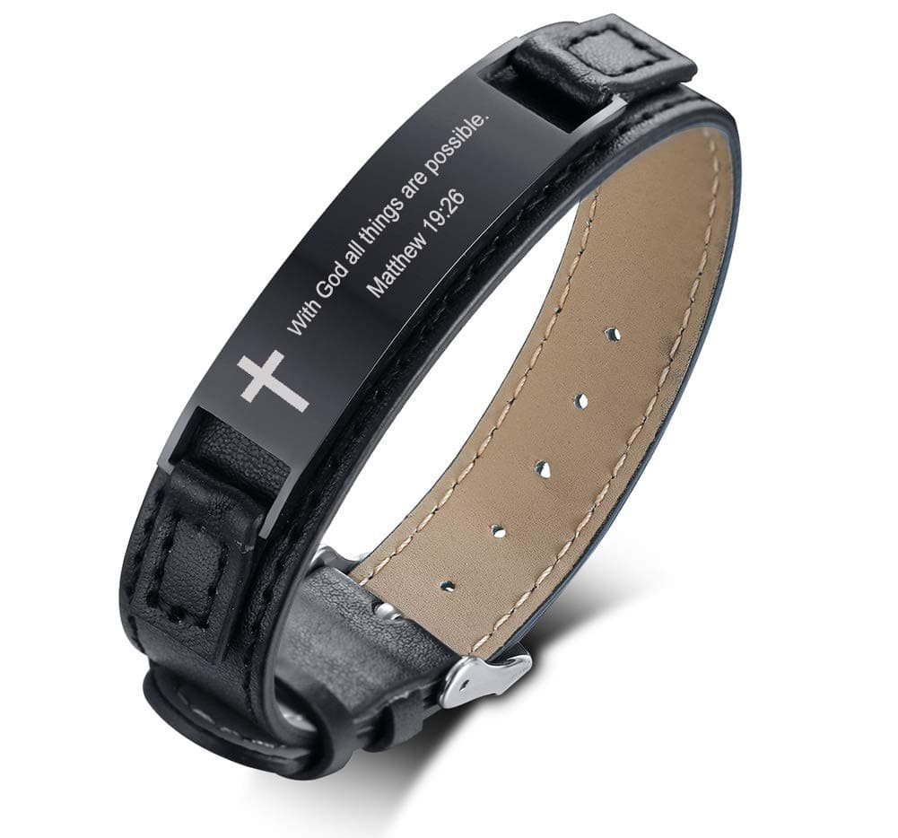 With God all things are possible Matthew 19:26 Inspiring Men's Christian Bibe Verse Bracelet,Black