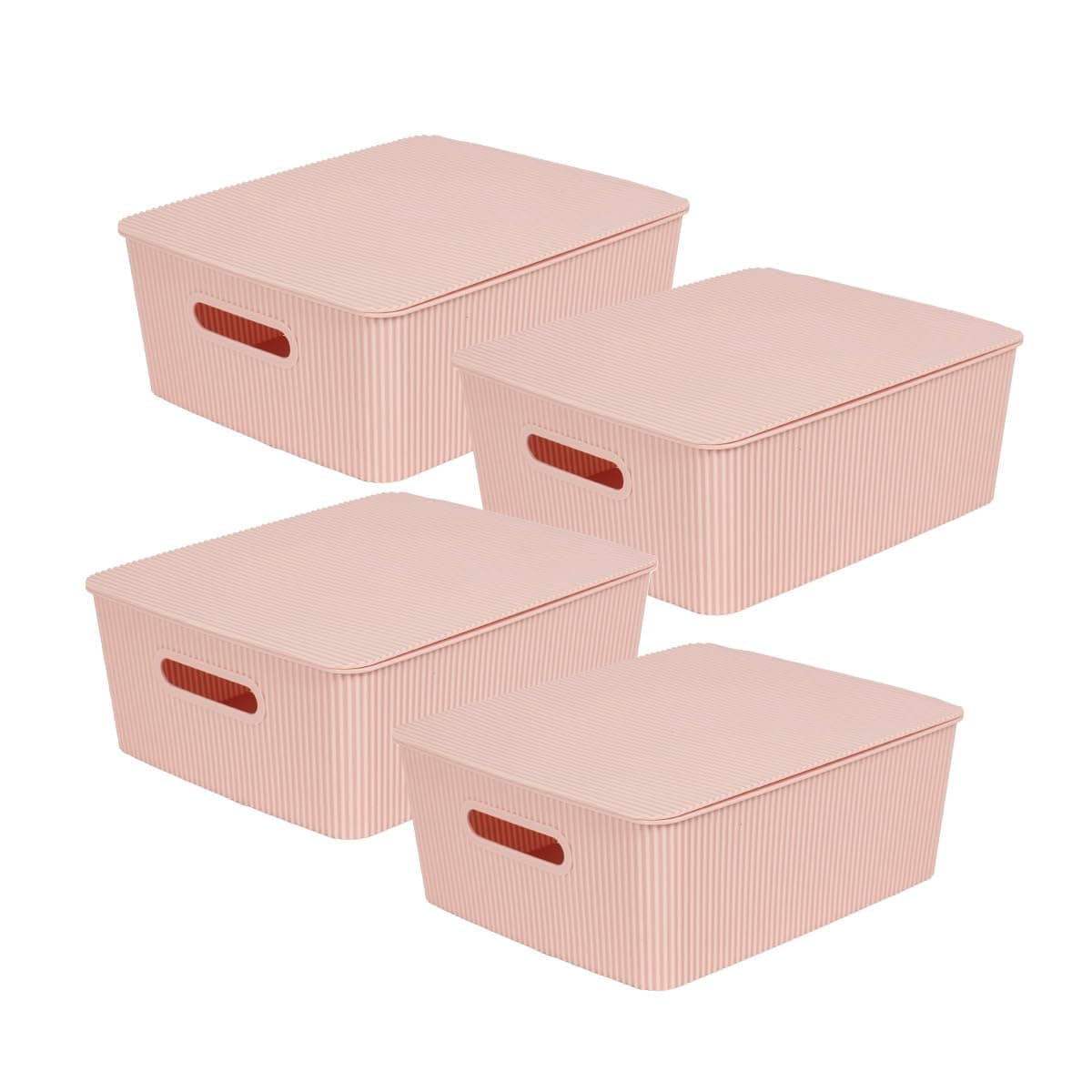 Glad Storage Baskets with Lids - Set of 4 Stackable Plastic Boxes with Handles - Decorative Shelf Organizer Bins for Bathroom and Closet, Pink, 3.1 Gallons