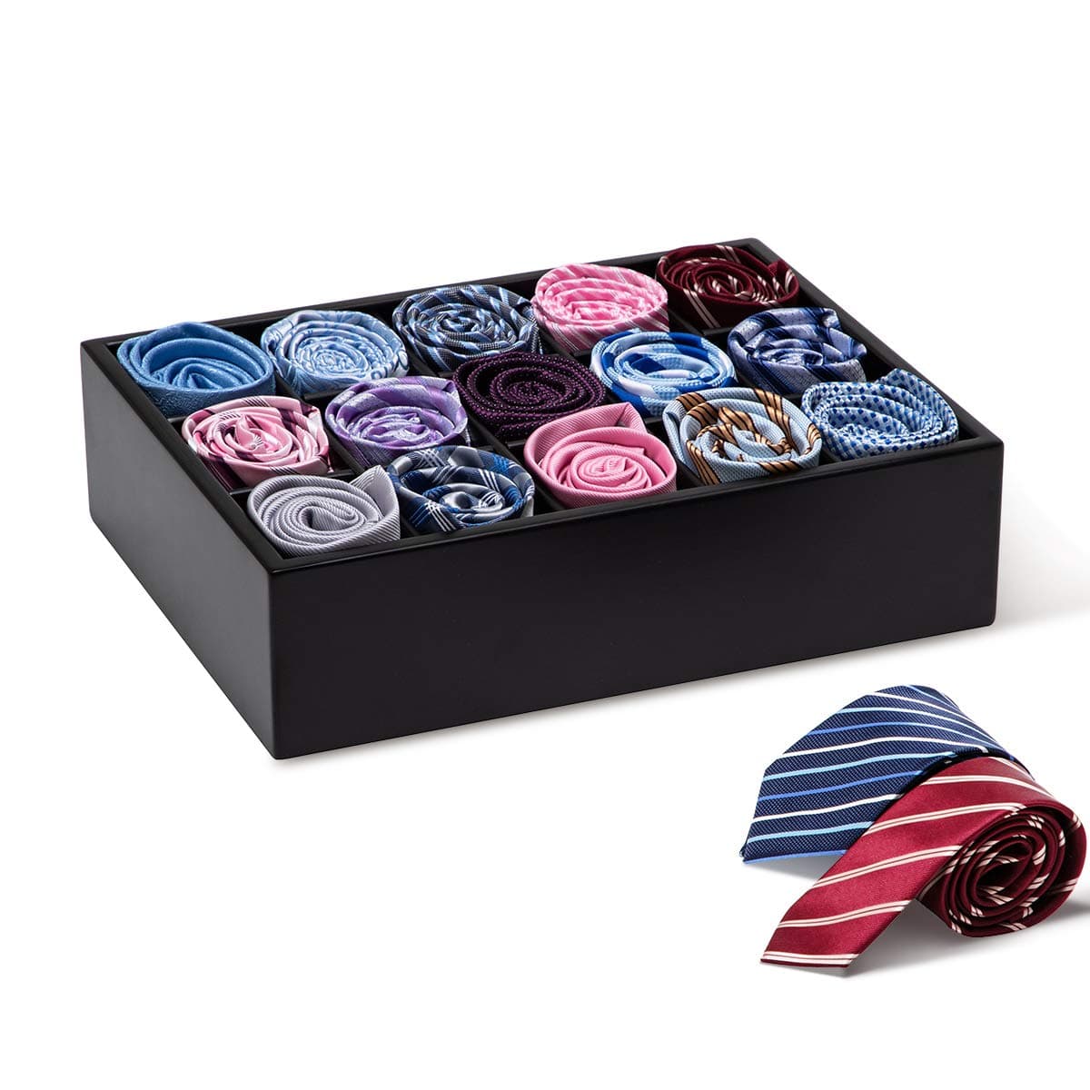 GOBAM Bamboo Closet Drawer Organizer, 15 Compartments - Drawer Divider & Storage Box for Ties, Bras, Briefs, Socks & Jewelry - Storage Organizer for Dressing Room & Bedroom - Black