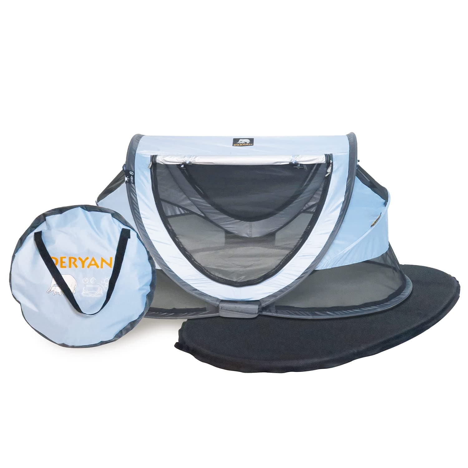 DERYANTravel Cot - Peuter Luxe - Blue - Pop-up System - Set-up in only 2 Seconds - Including Cotton Cover with Zipper, self-Inflating air Mattress and Carrying Bag