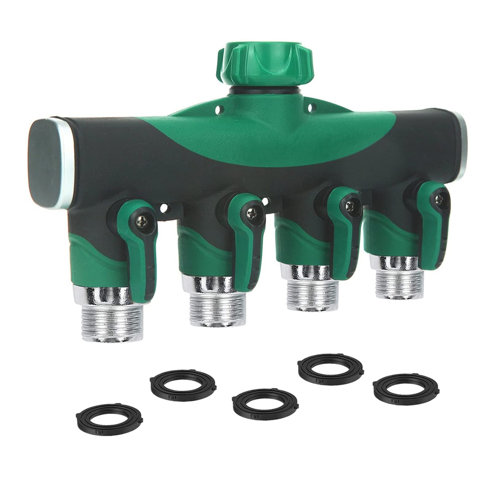 Garden Hose Splitter 4 Way - 3/4 Inch Heavy Duty Metal Water Faucet Splitter with Shut Off Valves 4 Way Leakproof Hose Connectors with Comfortable Rubberized Grip for Gardening Hoses 5 Washers