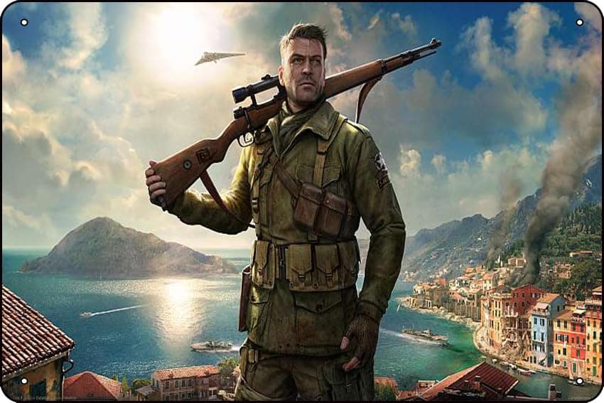 Sniper Elite 4 Game Poster tin Metal Sign Retro Wall Decor for Home Cafes Office Store Pubs Club Sign Gift 12 X 8 INCH