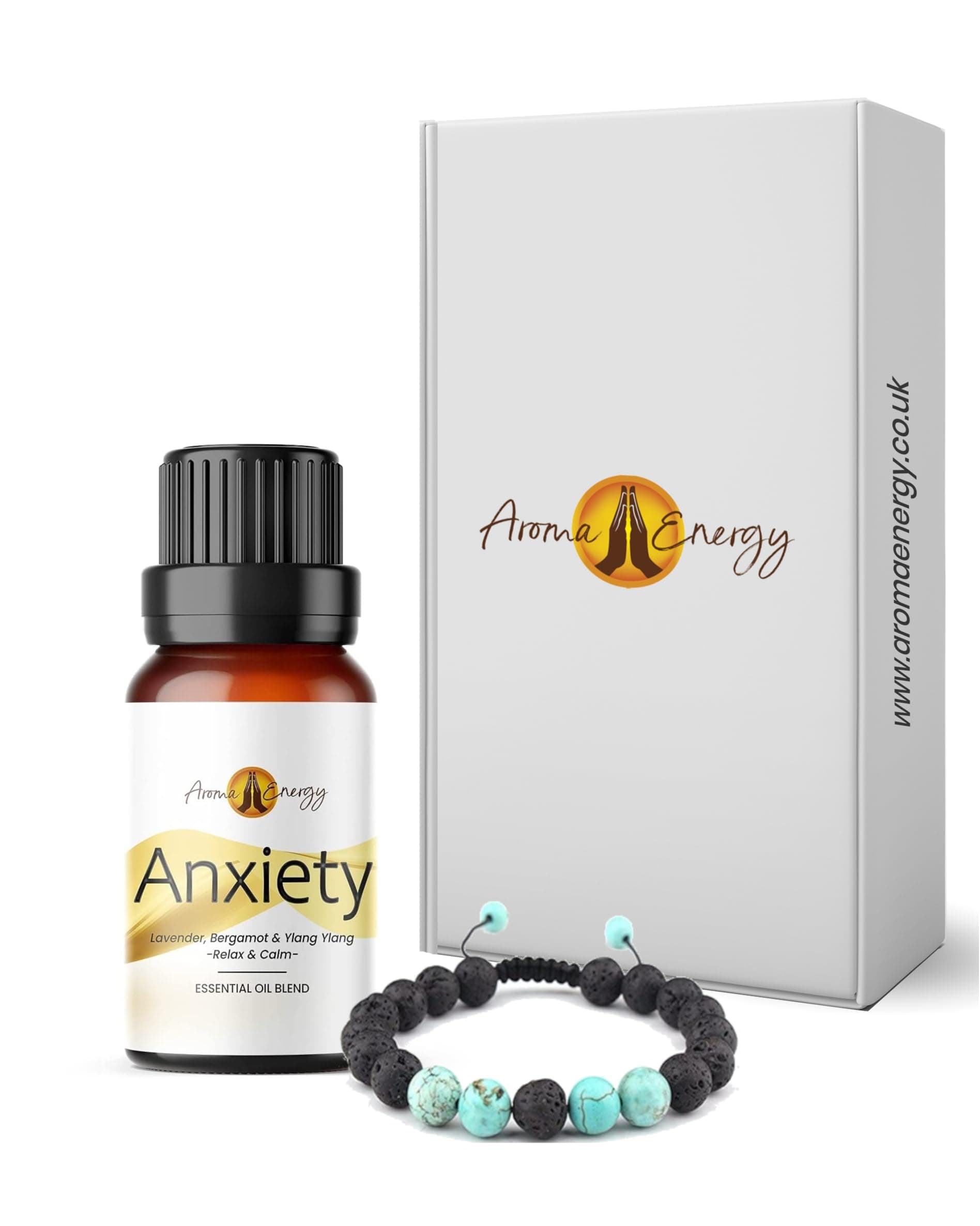 Anxiety Bracelet Gift Box Set | Lava Stone Aromatherapy Bracelet | 10ml Anxiety Essential Oil | Relaxation Gift for Women | Made in UK