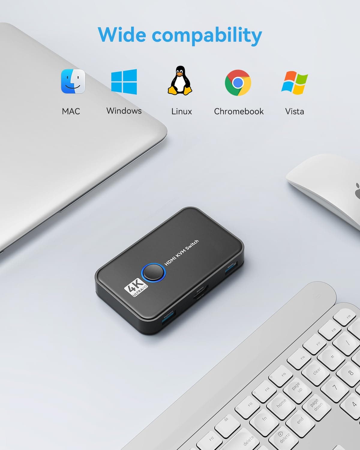 KVM Switch HDMI for 2 Computers Sharing One HD Monitor, Keyboard, and Mouse - Support 4K@60Hz, 2 HDMI Cables, 2 USB Cables, 1 USB C Charge Cable Included