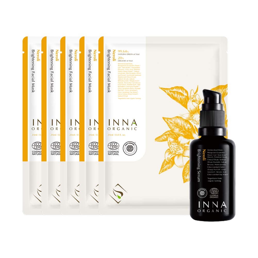 Inna Organic BRIGHTENING SERUM AND SKIN SHEET MASK SET, Radiant Skin, Balanced Complexation, Spot Treatment, Luxury Clean Beauty, Home SPA, Certified Organic