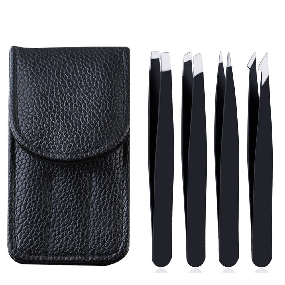 ORiTiTweezers Set with Leather Case Professional Stainless Steel Tweezers for Eyebrows Great Precision for Eyebrow, Ingrown Hair, Splinter, Facial Hair Removal Black