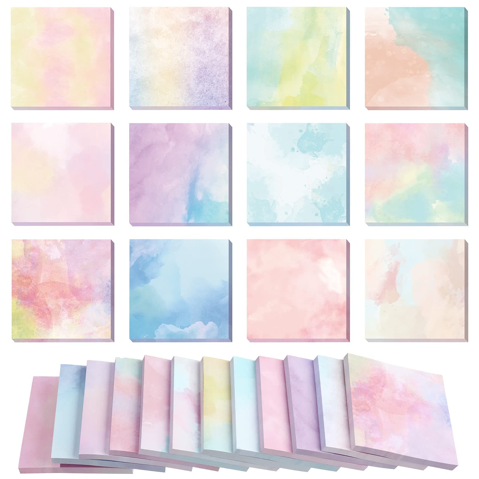 Outus 12 Pads 720 Sheets Gradient Watercolor Sticky Notes 2.8 x 2.8 Inch Cute Sticky Notes Bulk Fun Self Adhesive Memo Pads for Office School Classroom Home Students Teachers Gifts(Pastel)