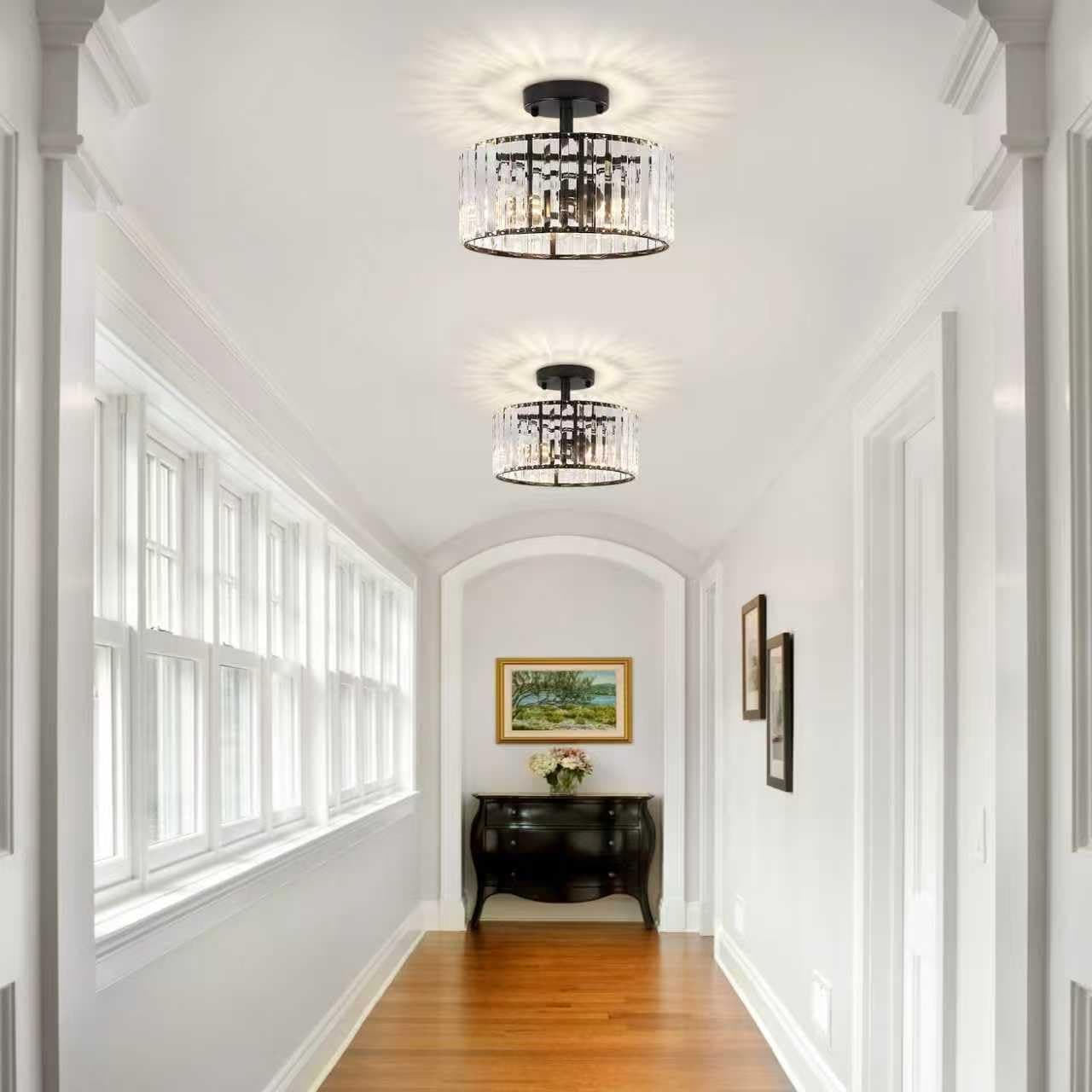 TOULMJ Crystal Ceiling Light, 3-Light Semi Flush Mount Ceiling Lighting Fixture, Black Round Hallway Light Fixtures for Kitchen Entryway Bedroom Laundry Room