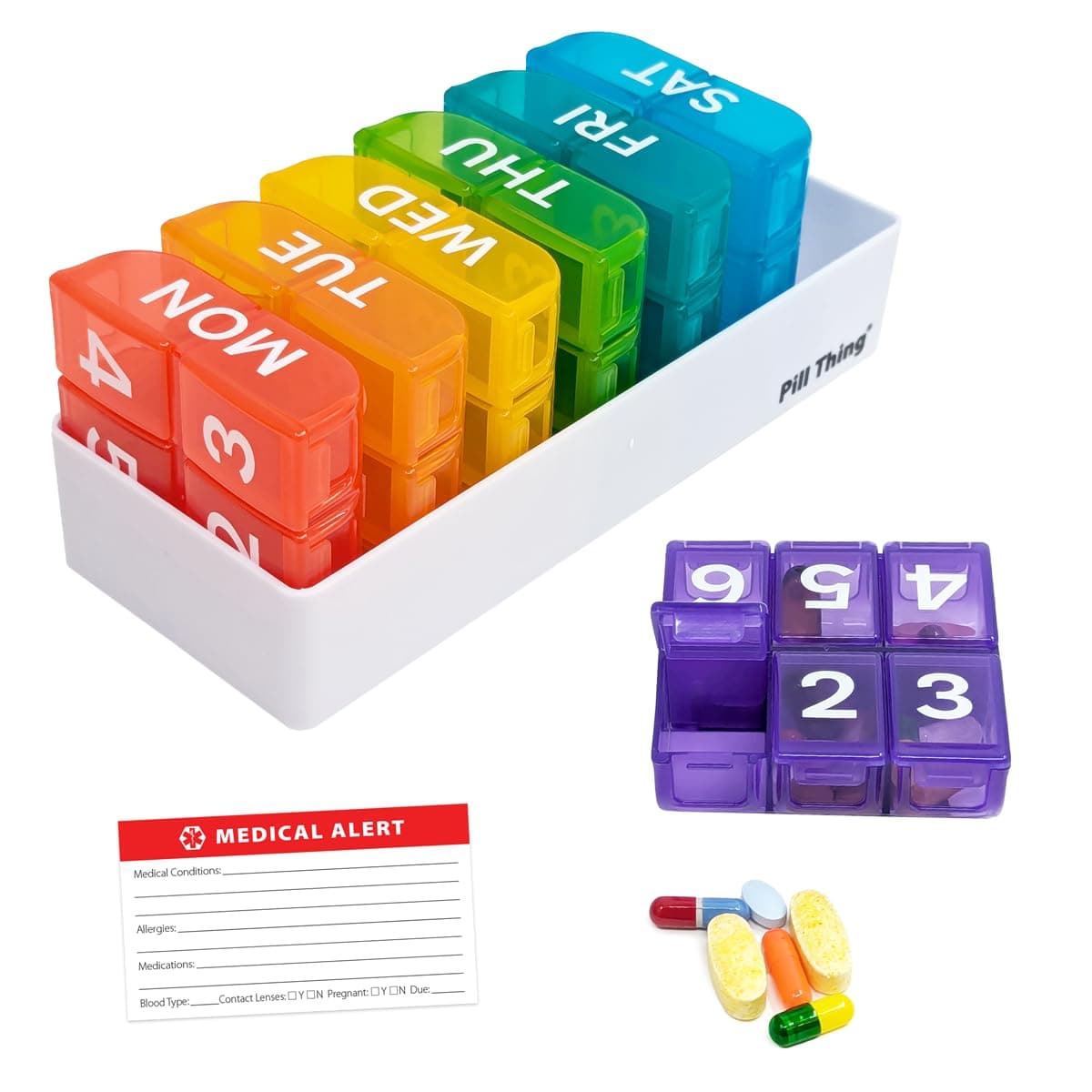 6 Times a Day, Large Weekly Pill Organizer with Holder Tray, Medical Alert Card
