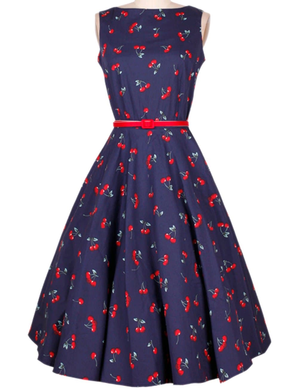 RAISEVERN Women's Vintage Cherry Print Sleeveless Bridesmaid Dress With Belt