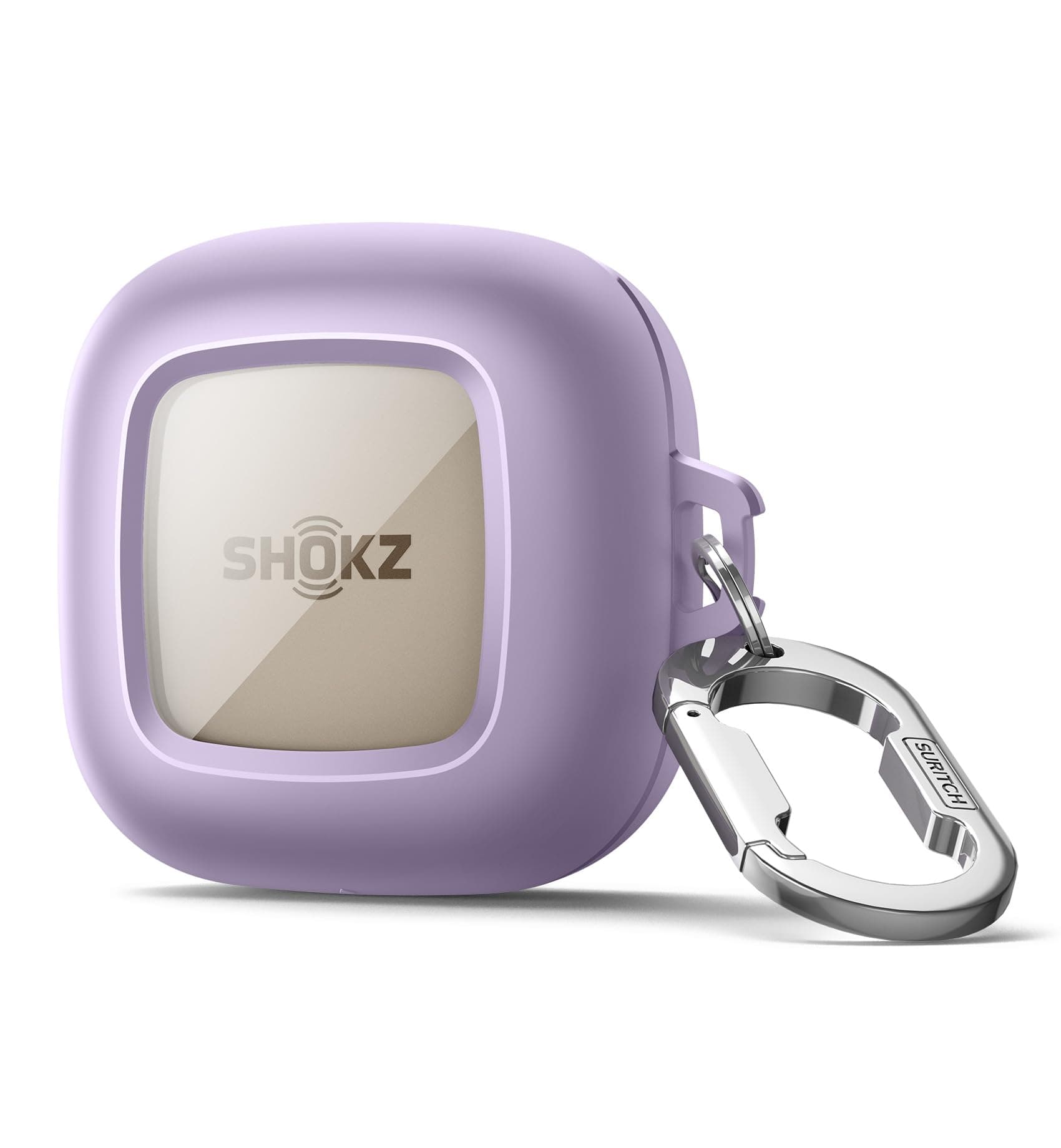 SURITCH Clear Case for SHOKZ OpenFit Cover,Shockproof Magnetic Cases Full-body TPU Protective Cover with Magnetic Lid Lock & Carabiner Clip Keyring & Transparent Logo Window(Purple)