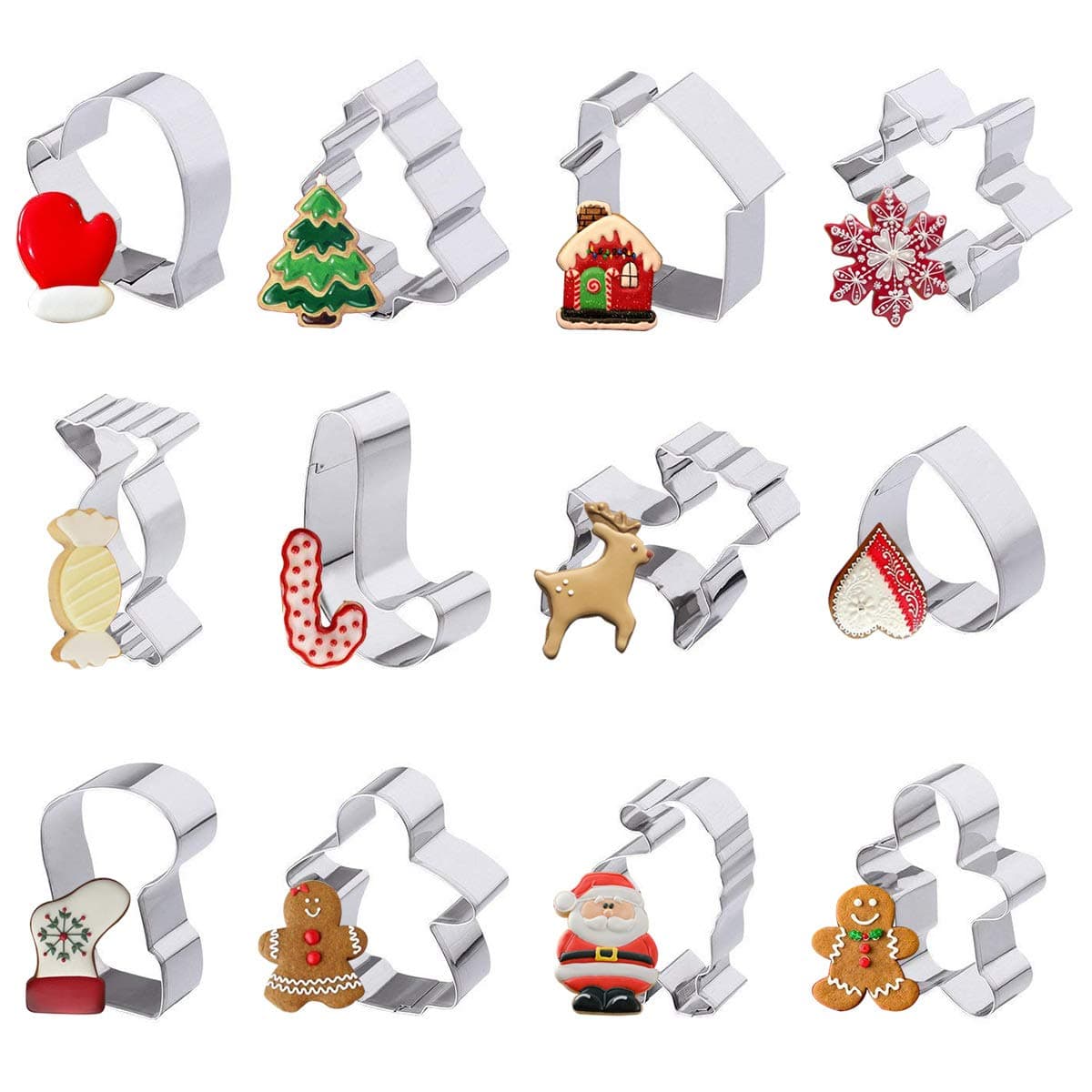 Christmas Cookie Cutters Set of 12 for Kids - Gingerbread Man Snowflake Christmas Tree & More Shapes Stainless Steel Biscuits Cutter by IINDES