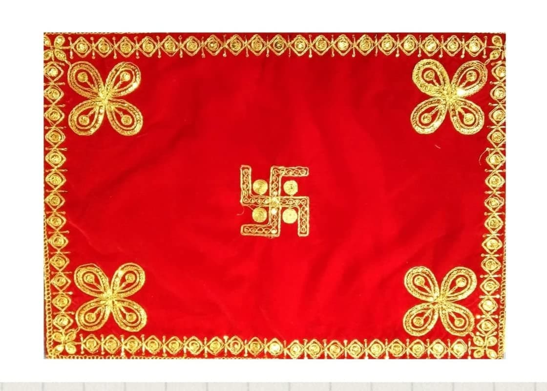 Avneel Premium Swastik Design Velvet Pooja Aasan Cloth for God Idols - Home Mandir, Temple and Pooja Ghar Accessory (15 x 15 Inches, Red) - Pack of 1