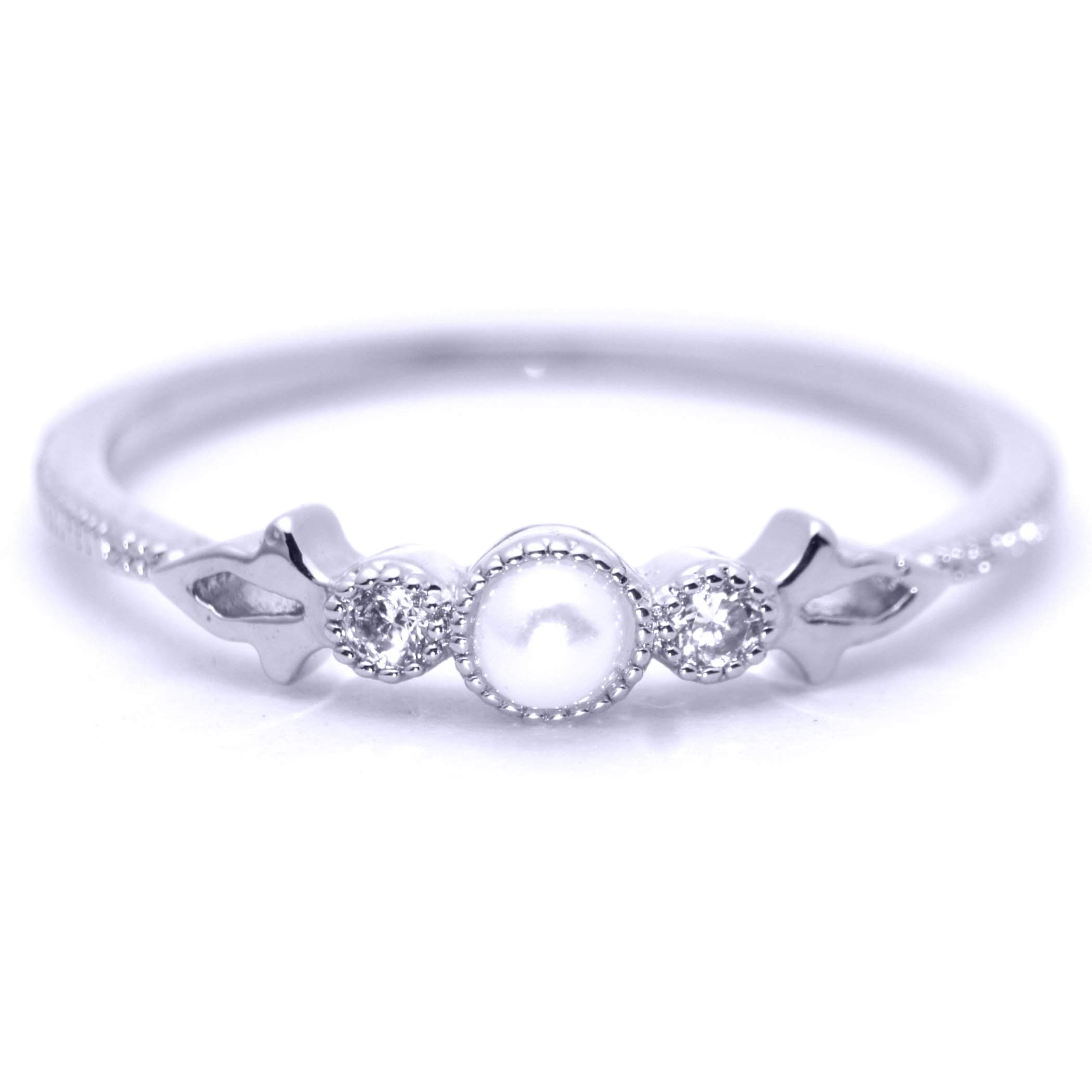 Excelsia 'Fleur de Lis' 14K Gold-Plated (Rose/White/Yellow) Dainty CZ Ring with Simulated Pearl