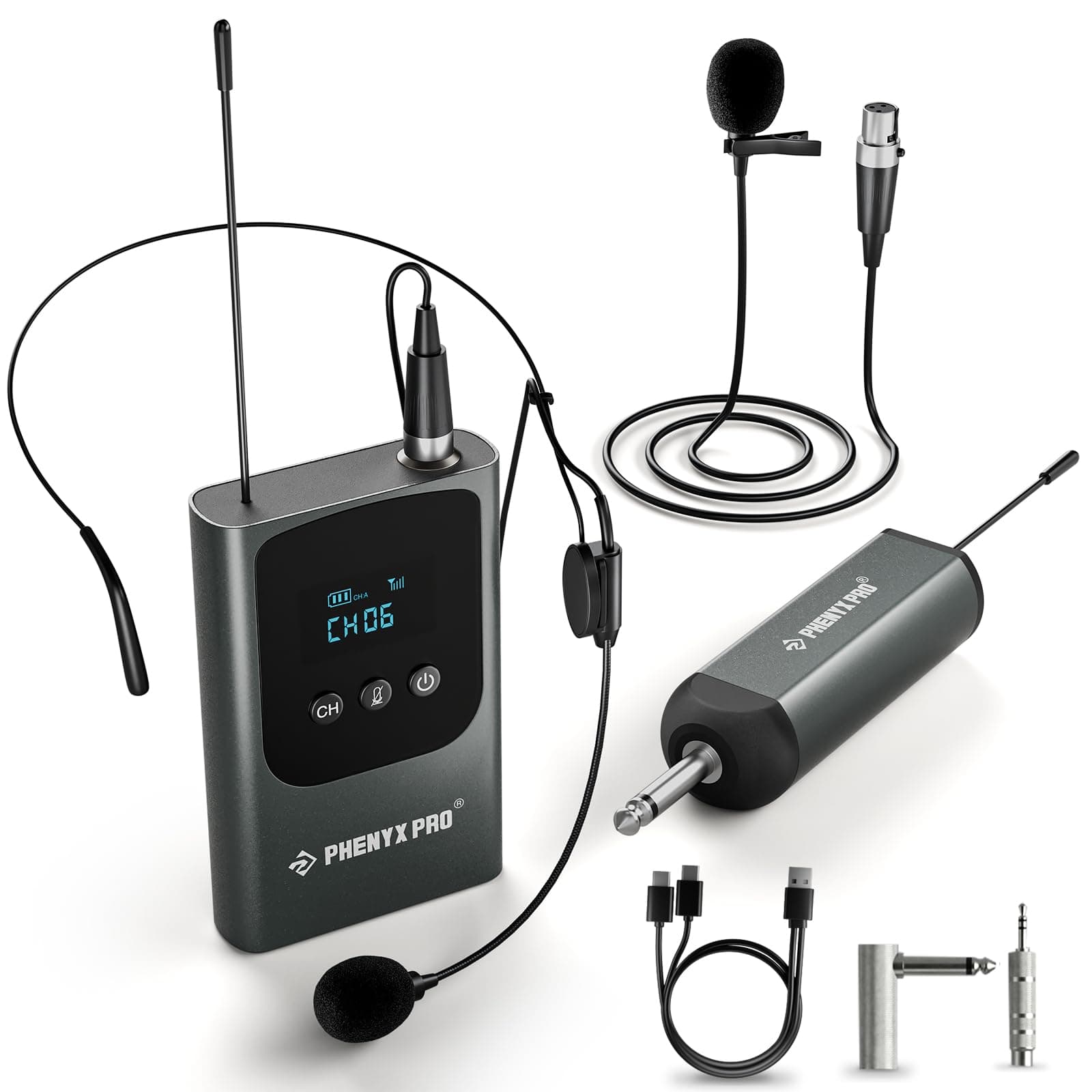 Phenyx Pro Single Digital Wireless Microphone System, w/Mini Receiver, Bodypack Transmitter,15 Channels in 900MHz UHF Band, Headset/Lapel Microphone for Karaoke, Singer, Church, Wedding (PDP-1-1B)