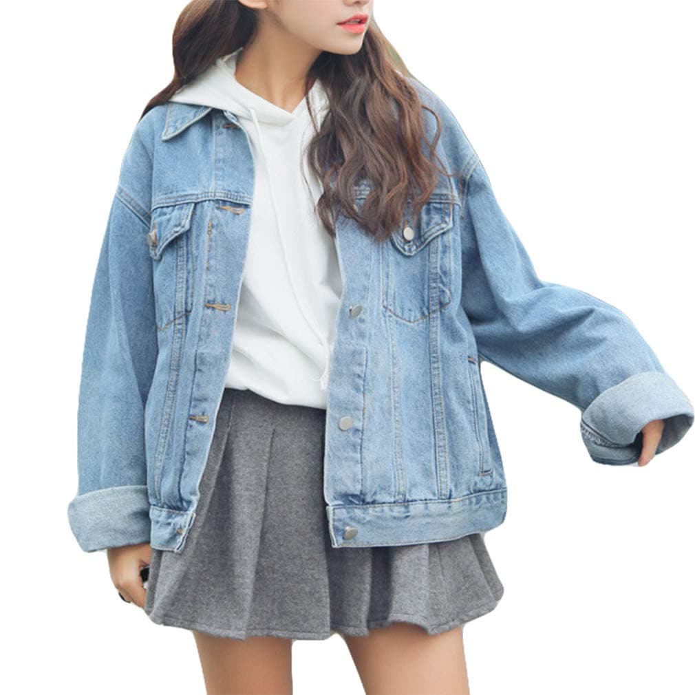 Oversized Denim Jacket for Women Grils Long Sleeve Boyfriend Jean Jackets Loose Coat