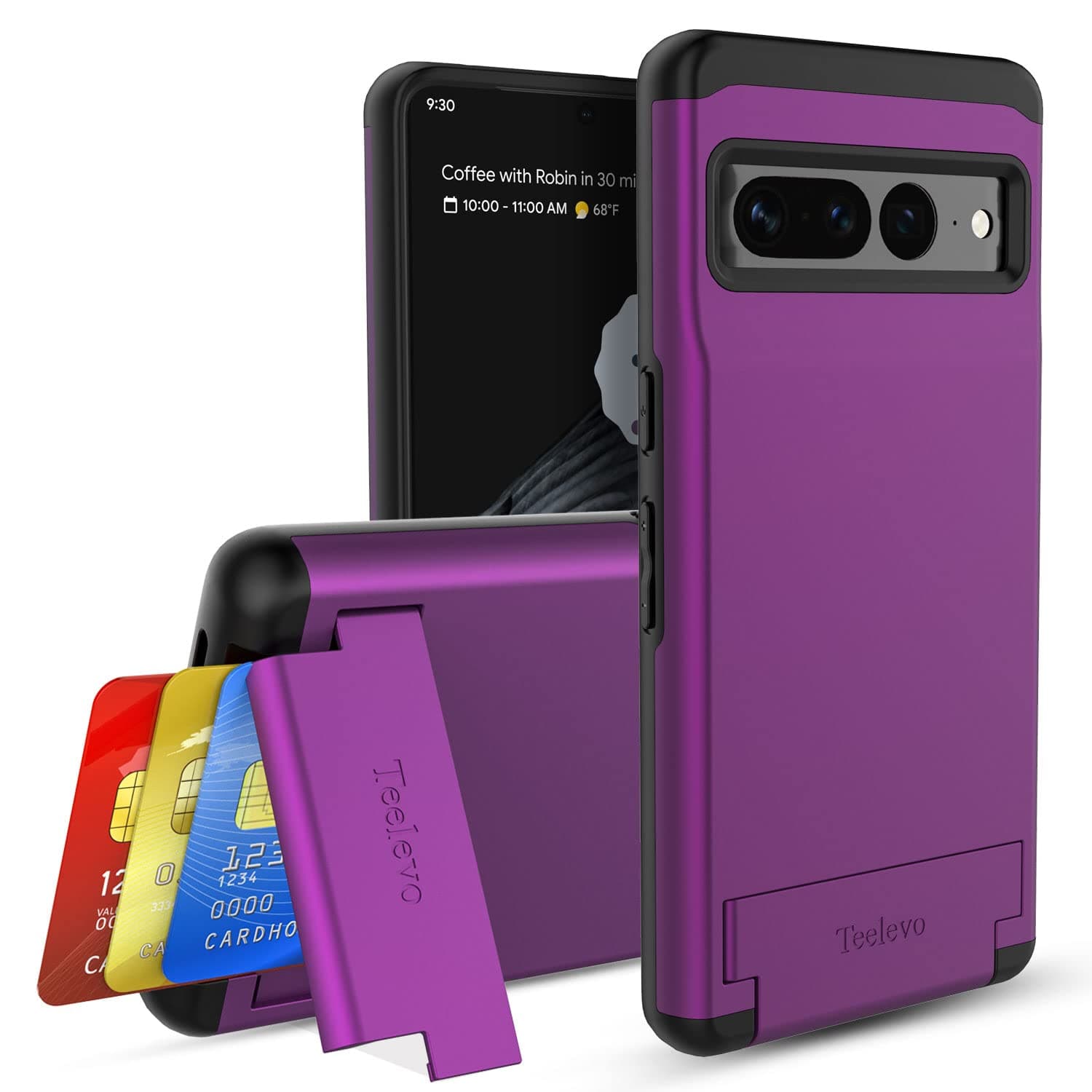 Teelevo Dual Layer Wallet Case for Google Pixel 7 Pro (2022), Protective Case with 3-Card Storage for Google Pixel 7 Pro - Purple