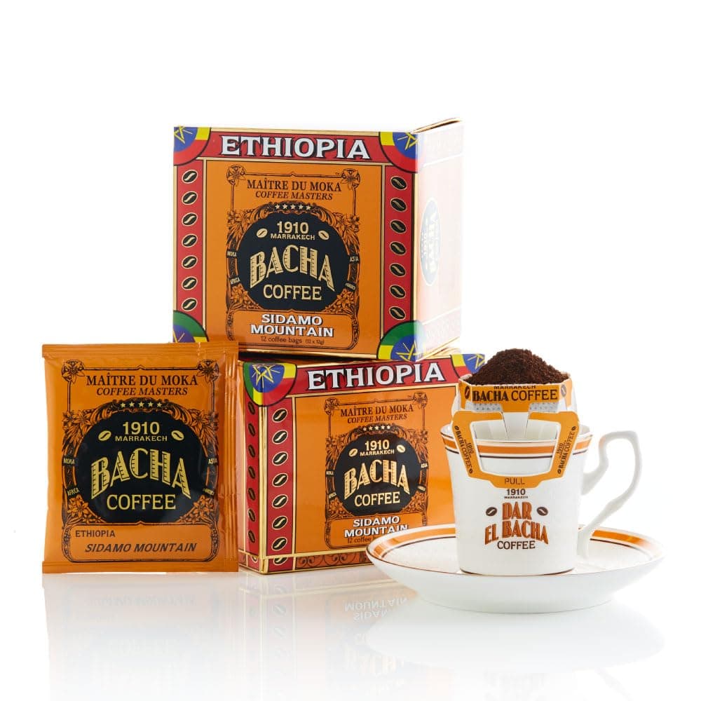 Bacha Coffee | Sidamo Mountain Single Origin Coffee (Ethiopia) 100% Arabica Beans, Medium Dark Roast, Individually Wrapped Drip Bags 12-Pack