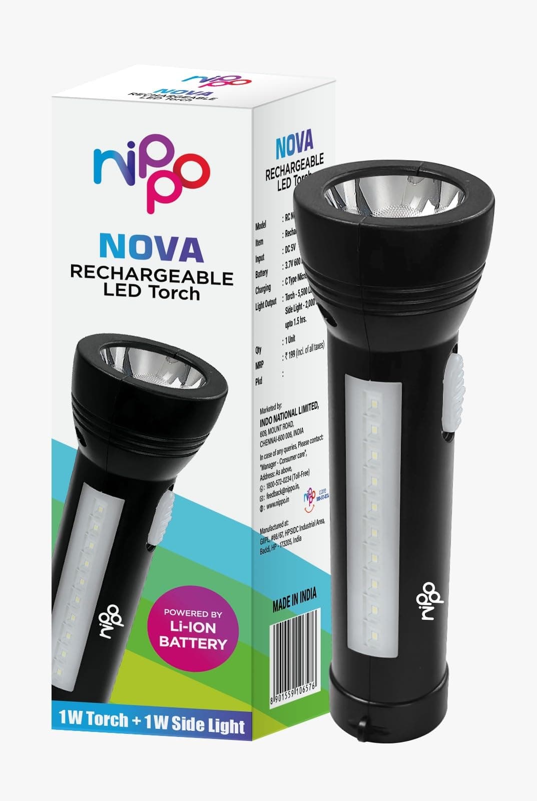 Nova Rechargeable LED Torch with Side Light | Lithium ion Battery with 2hrs Back |C Type Micro USB| Black