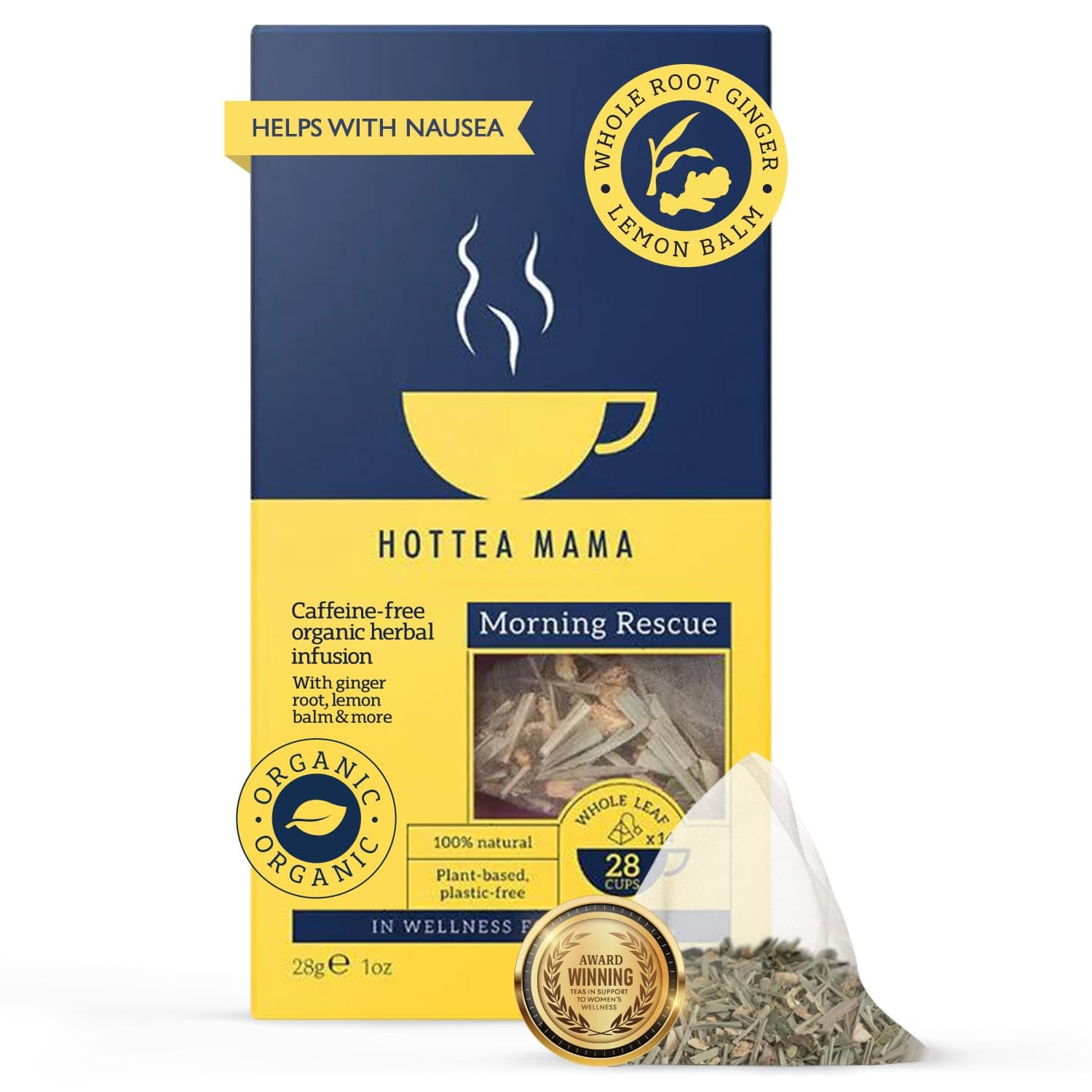 HOTTEA MAMA | Morning Rescue | Organic Lemon & Ginger Tea | Pregnancy Nausea Relief, Heart Burn, Digestion | Caffeine Free | 14 Whole Leaf Biodegradable Bags (28 Cups Of Tea)